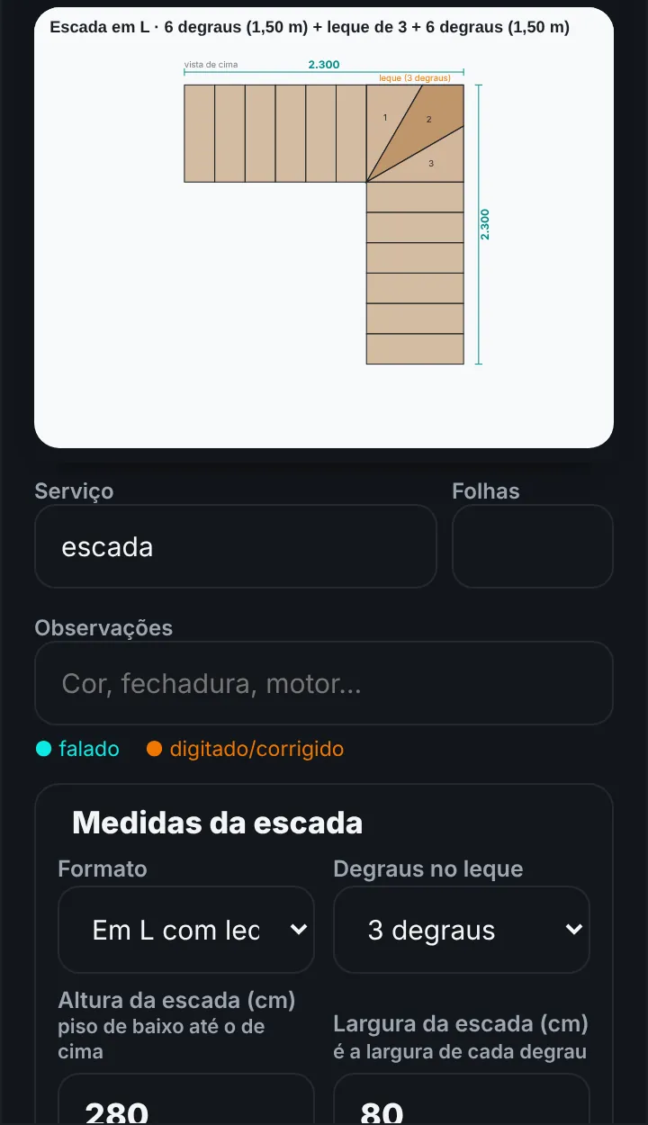Tela do App: escada em L com leque de 3 degraus vista de cima